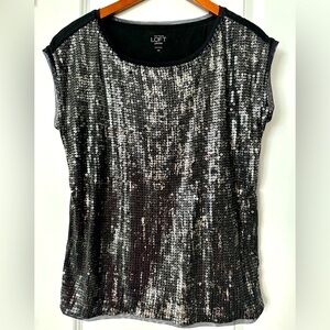Loft Black Sequin Embellished Sleeveless Top, Size Petite Medium